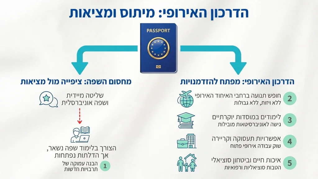 Visualizing the myth of the language barrier breaking down and the dream of a European passport. אדם מחזיק דרכון אירופי בחיוך