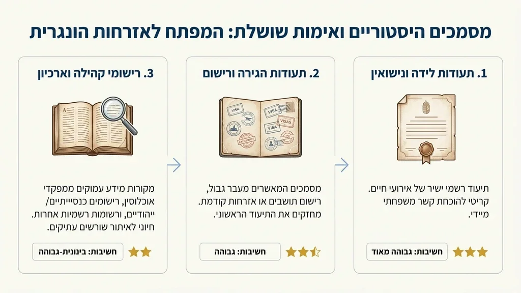 Legal research and old documents representing family lineage and historical verification. מסמכים היסטוריים ותעודות לידה ישנות על שולחן עץ